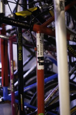 Stack of bikes hung on a wall